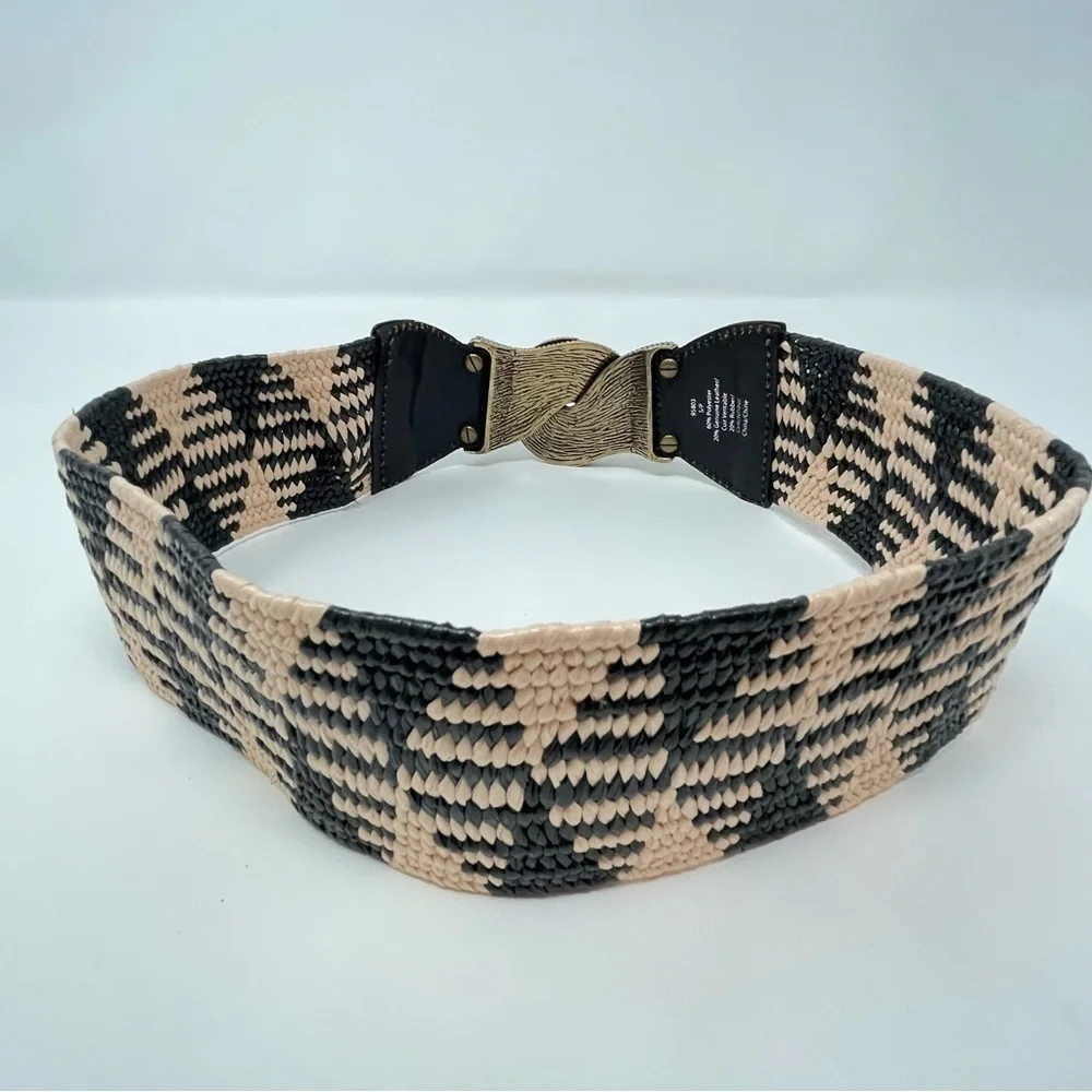 Vintage Wearable Art Boho Brass, Black‎ & Cream Woven & Leather Statement Belt